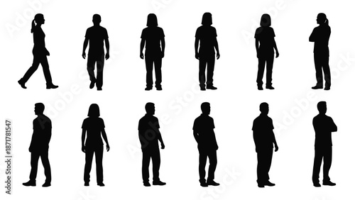 Collection of diverse black silhouettes depicting people in various poses and stances