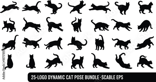 Dynamic cat silhouette illustration bundle with jumping, running and playful poses, black feline vector collection for logo design, branding and decoration