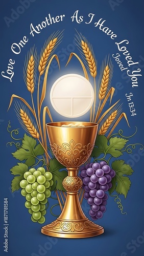 Golden Chalice with Grape Clusters and Wheat Ears on Blue Background grapes leaves