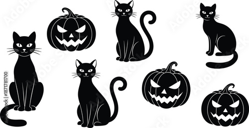 Halloween black cat and pumpkin silhouette illustration set, spooky feline characters with jack o lantern faces, festive holiday vector icons collection
