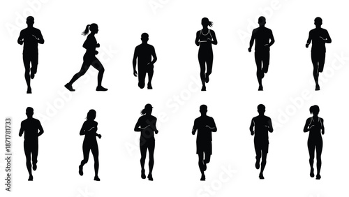 Silhouettes of runners in motion depicting a diverse group jogging and sprinting