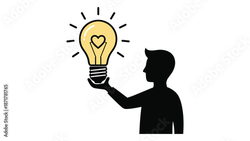A silhouette holds a glowing lightbulb containing a heart shape