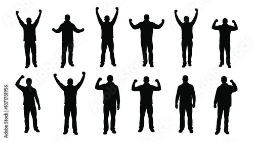 Silhouettes of people in diverse celebratory and powerful poses isolated on white