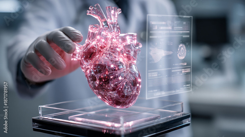 A scientist examines a futuristic holographic pink heart model in a laboratory setting