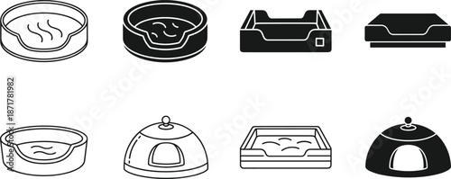 Pet bowl and bed icon illustration set, cat and dog feeding dishes, litter tray and pet furniture vector collection, symbols design