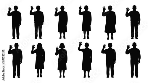 Silhouettes of people raising hands in a unified and symbolic gesture