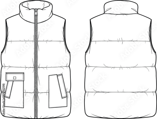Men padded sleeveless vest technical illustration showing front and back views isolated on white background for outerwear apparel design use