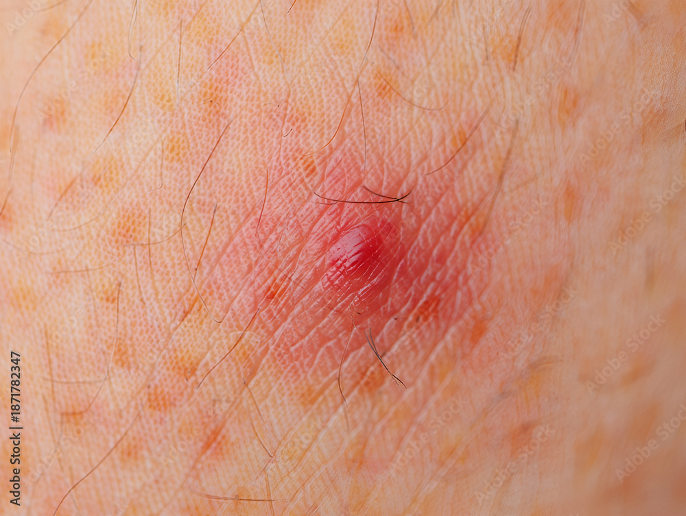 Fototapeta premium Skin allergy to the human body Close up of inflamed pimple on human skin with visible pores and