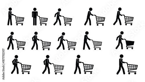 A collection of stylized figures with shopping carts depicted in a repeating pattern