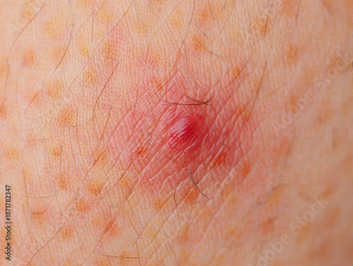 Skin allergy to the human body Close up of inflamed pimple on human skin with visible pores and