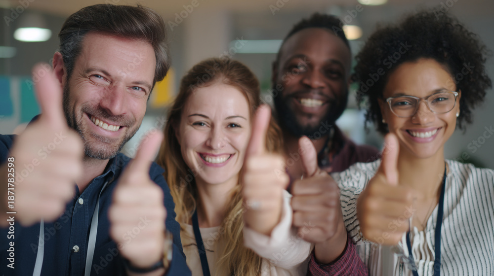 Obraz premium Four diverse colleagues giving thumbs up in a modern office environment together happily