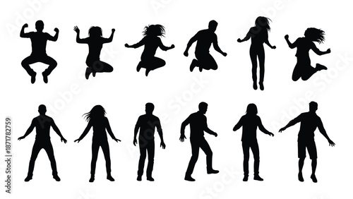 Silhouettes of people jumping and dancing in various energetic poses