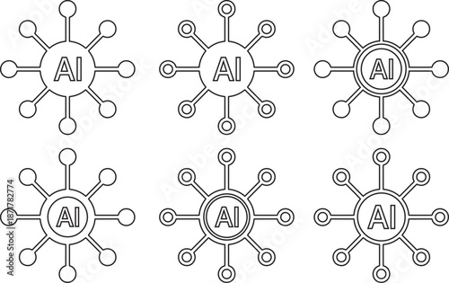 Six black and white A I neural network with circular nodes and connecting lines