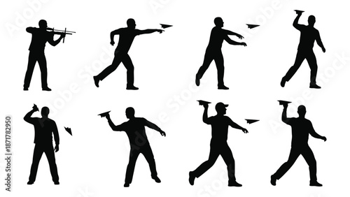 Silhouettes of people in dynamic poses throwing or reaching upward