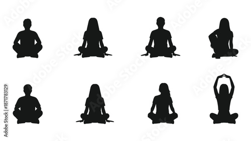 Silhouettes of people in various yoga and meditation poses simple design