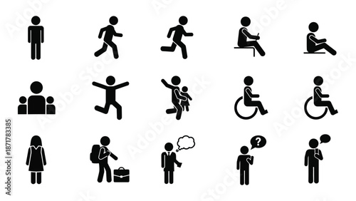 Simple black silhouettes depicting diverse human actions and accessibility symbols