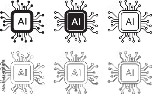 Six unique monochrome vector AI chip designs are central processing units embedded with artificial intelligence chip icon set filled and line art style bundle collection, isolated on white background 