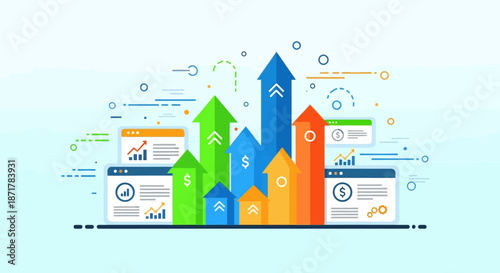 Business growth concept with rising arrows and data charts.