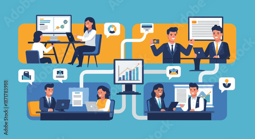 Business professionals collaborating remotely using technology and data analysis.