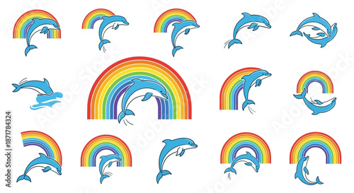 Collection of blue dolphin illustrations jumping and playing with colorful rainbows in various poses and compositions.