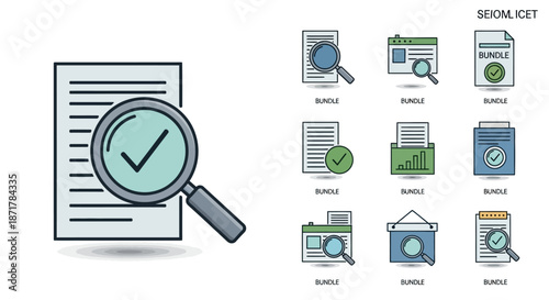 Magnifying Glass Examining Document Icon Set.
