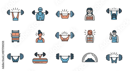 A collection of flat design icons depicting various aspects of weightlifting, strength training, and fitness, including people lifting barbells, gym equipment, and expressions of effort.