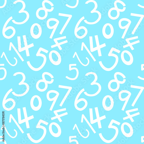 pattern of white numbers and letters on a light blue background.