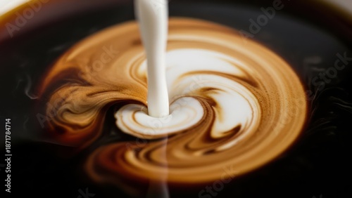 Cream pouring into coffee creating swirling pattern close up