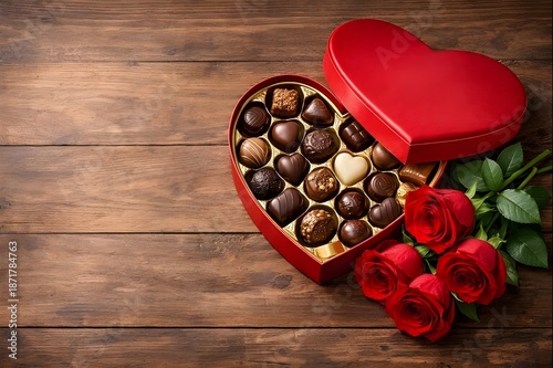 An Image of a red heart shaped chocolate box with red roses laying on a wooden table to surprise the spouse or girl friend on valentine's day 