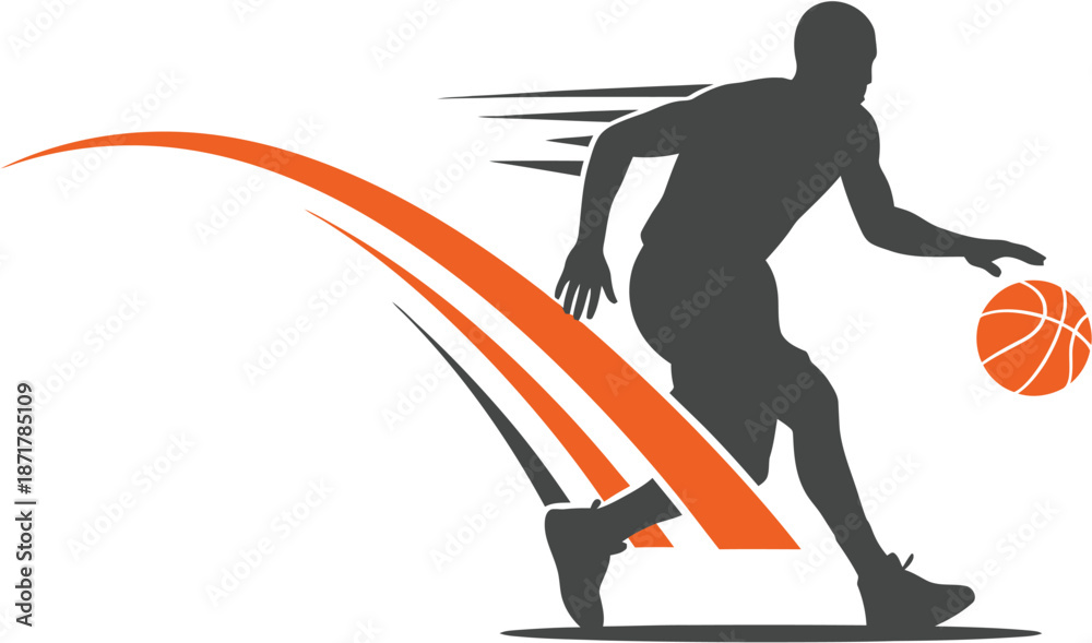 Obraz premium Dynamic silhouette of a basketball player intensely dribbling the ball with swift motion lines, embodying speed and athletic energy in a graphic illustration, perfect for sports branding