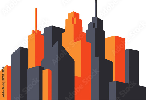 Modern geometric city skyline illustration featuring abstract skyscrapers in vibrant orange and dark grey hues against a clean white background, ideal for urban and architectural design