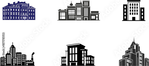 Diverse architectural concepts for urban development, showcasing various building designs and city structures in an illustrative style, ideal for graphic projects and modern design