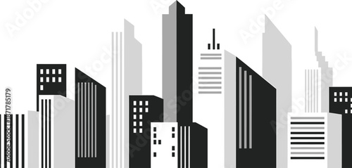 Illustrative cityscape of monochromatic skyscrapers featuring a modern urban skyline in black and white