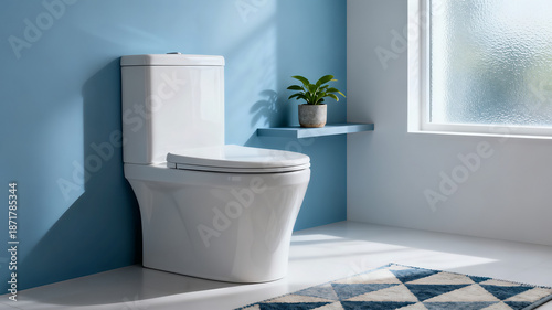 Modern white minimalist toilet in a bright bathroom with blue wall and sunlight.
