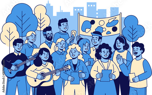 Diverse group of people gathered for a community event, enjoying music and a sense of togetherness