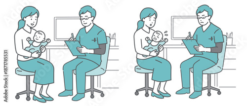 問診と体調不良の赤ちゃんと母親セット（男性医師・スクラブ）