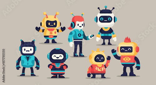 Collection of cute friendly cartoon style robot characters.
