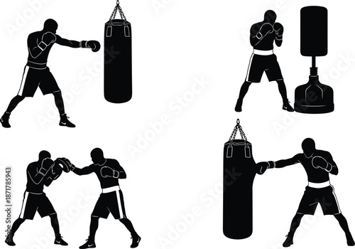 Boxing training, punching bag workout, sparring technique, fighter silhouette, combat sport, gym exercise, martial arts, athletic discipline, strength conditioning, boxing drill