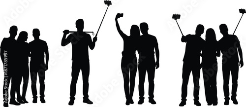 People taking selfies silhouette set featuring friends and couples using selfie sticks isolated on white background for social media concepts