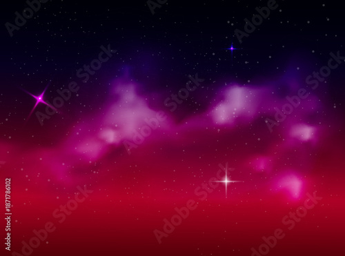 Night blue starry sky, purple galaxy background. Realistic starry sky with gradient. Milky way with shining stars. Night sky with light effect.