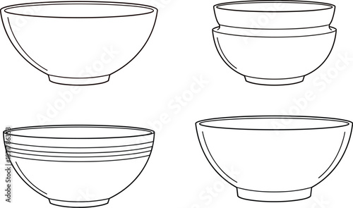 Minimalist bowl line drawings, ceramic dishware sketches, kitchenware illustration, black and white contour art, modern tableware design elements