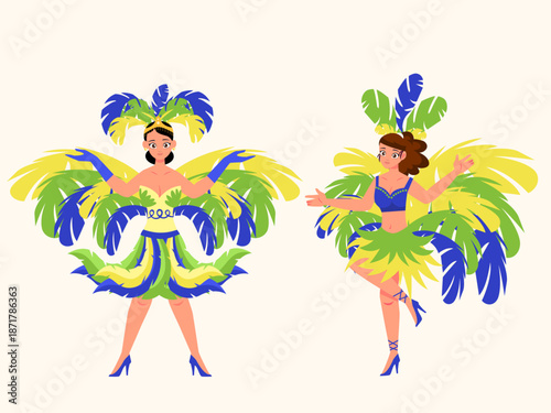 Two women in rio de janeiro carnival outfits perfect for party invitations, event promotions, travel brochures, festive articles.