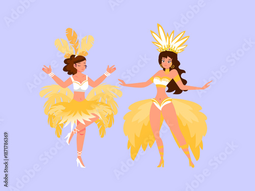 Two women in yellow carnival costumes performing a brazilian dance. Suitable for cultural events, travel brochures, dance performances, and music promotions.