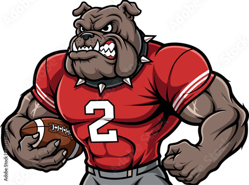 Angry bulldog football mascot holding ball muscular sports team character illustration isolated on white background vector art clip art design