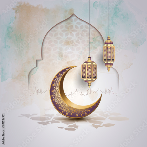 islamic greetings card design with crescent decoration and lanterns