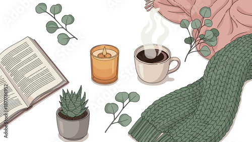 Cozy hygge flat lay with book, coffee cup, candle, plants and blanket, relaxing home lifestyle vector illustration isolated