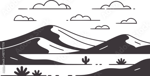 Minimalist desert landscape with sand dunes cacti and clouds cactus