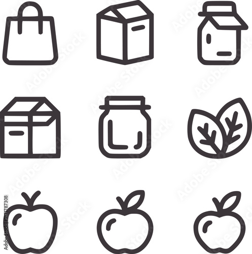 Shopping bag carton jar leaves and apples set