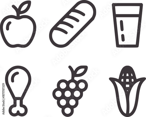 Six simple line of food and drink apple bread glass chicken grapes