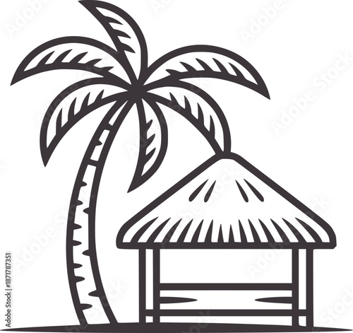 Stylized tropical palm tree next to a thatched roof hut island